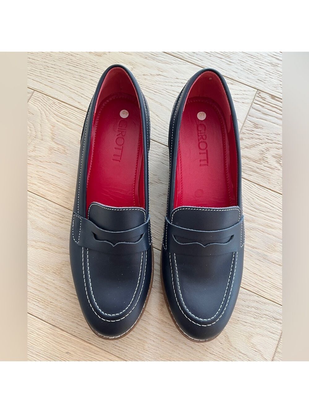 GIROTTI Penny Loafer Flat Slip On Shoes Navy Blue Leather Preppy Academia Career